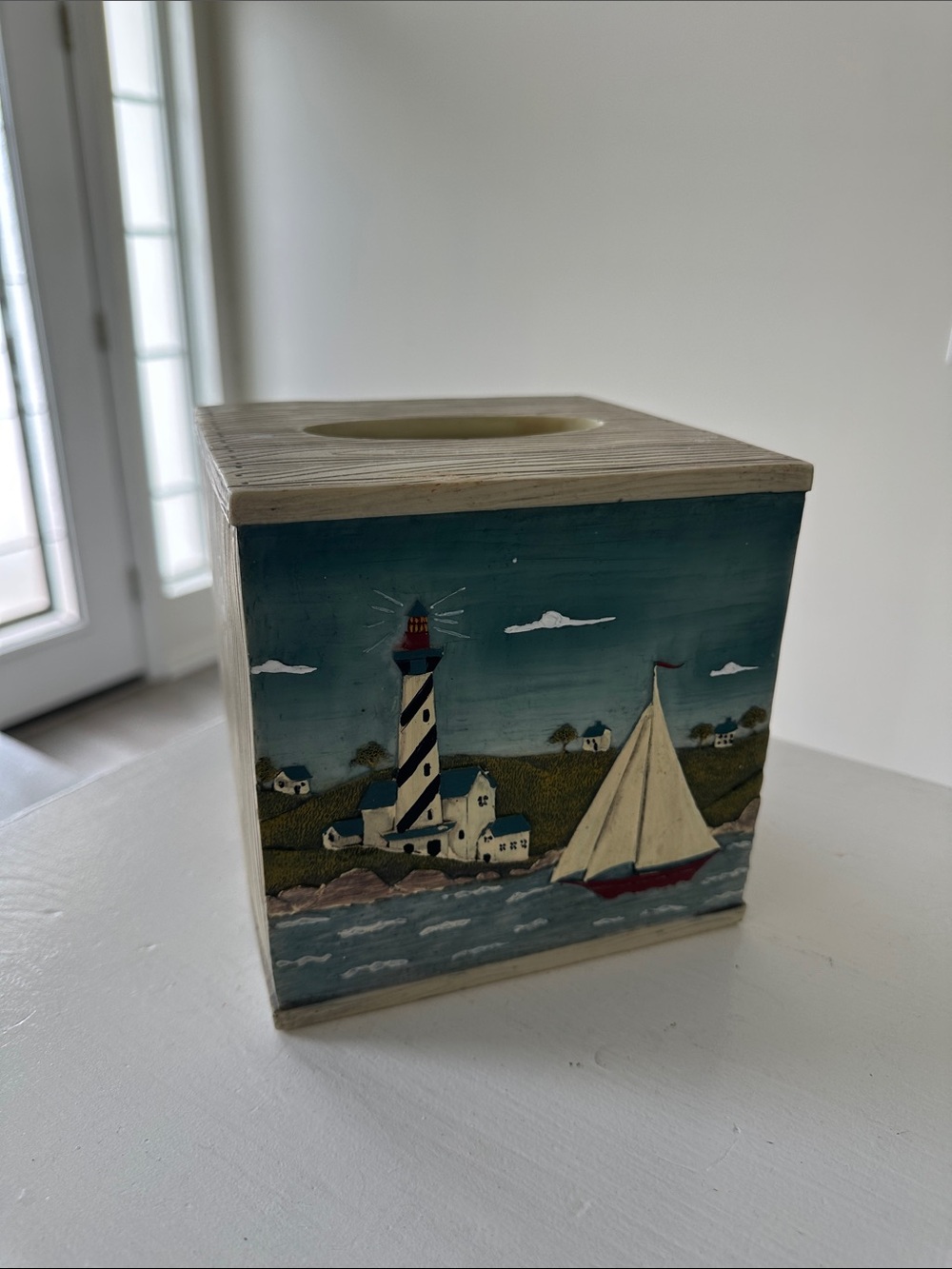 Vintage Warren Kimble Lighthouse & Sailboat Tissue Box Cover - Heavy